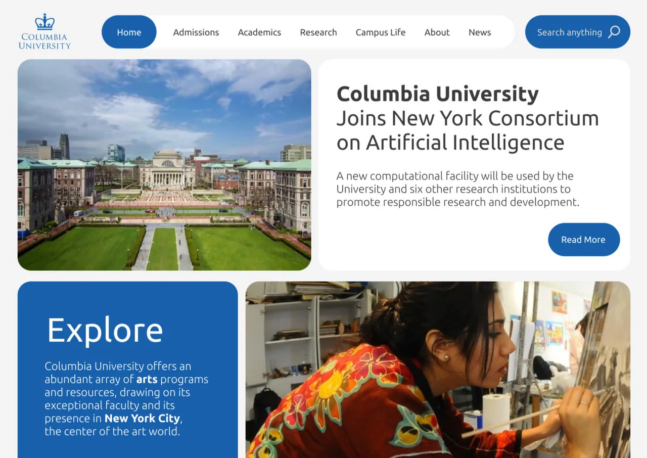 Pale blue university website concept with large image and content blocks