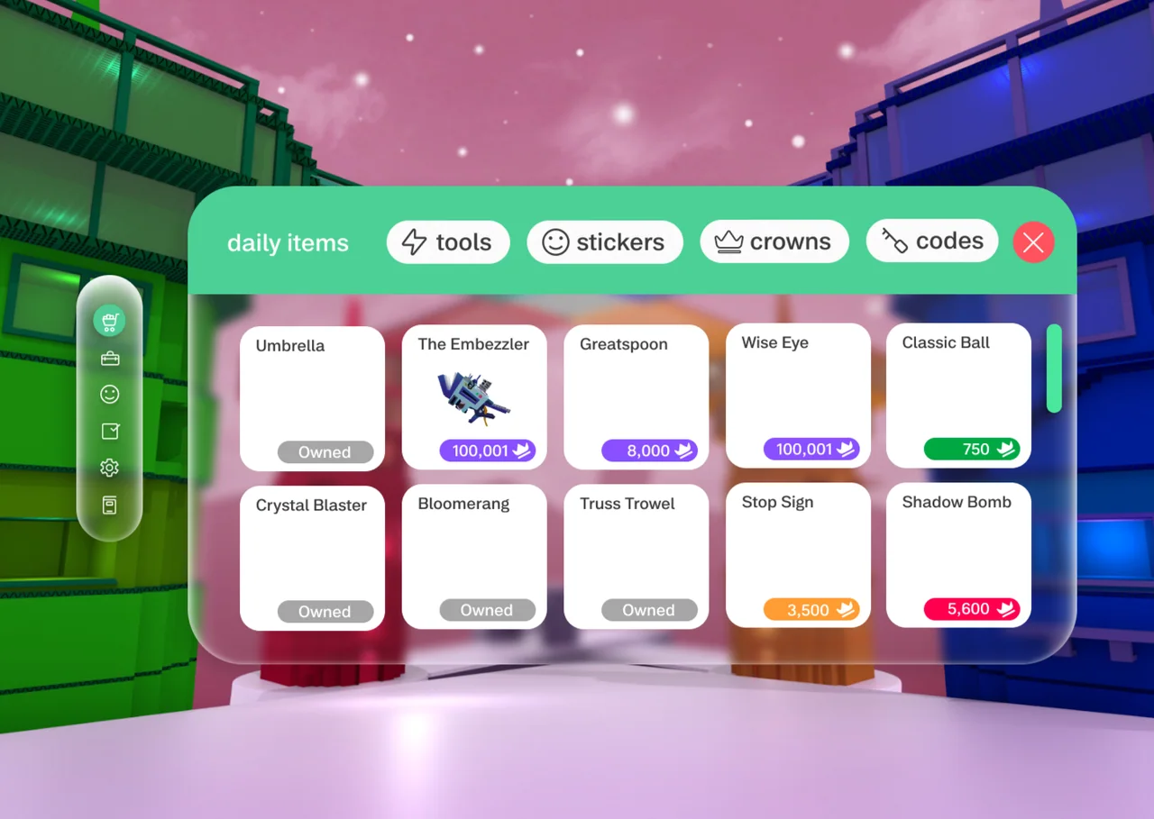 Bright game store interface over a pink and green game environment