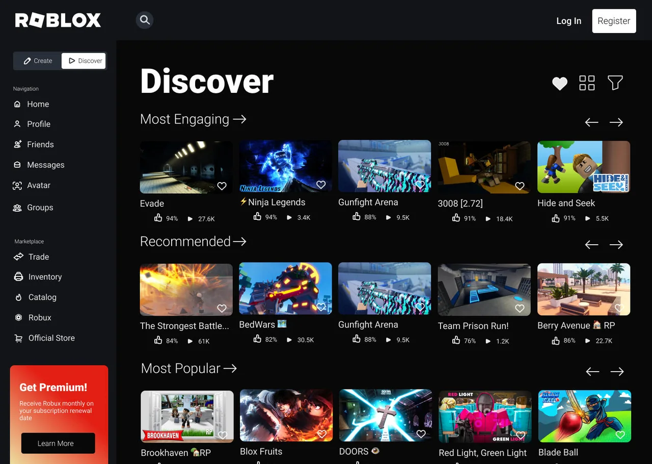 Dark Roblox Discovery interface with navigation and rows of game artwork